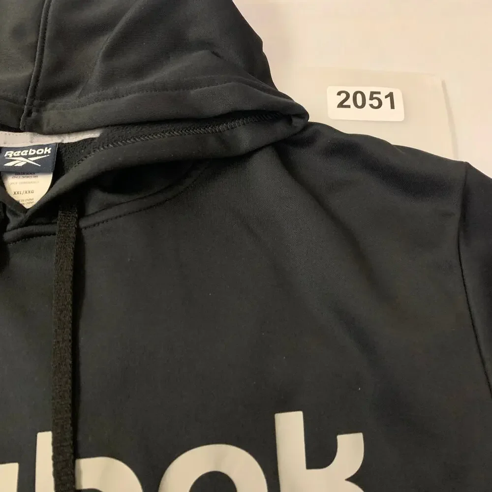 Reebok Mens Black Hooded Sweatshirt Size XXL Big Logo Spellout Gym Hoodie Lounge